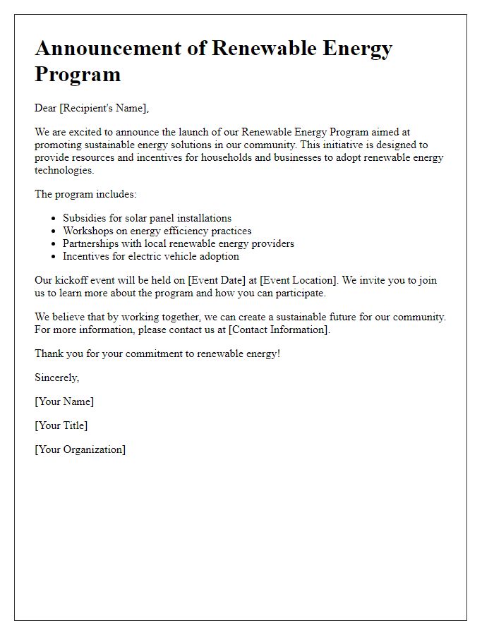 Letter template of renewable energy program announcement