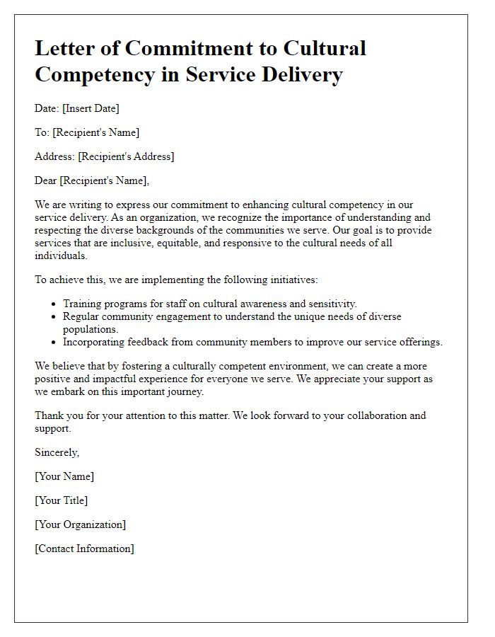 Letter template of cultural competency in service delivery