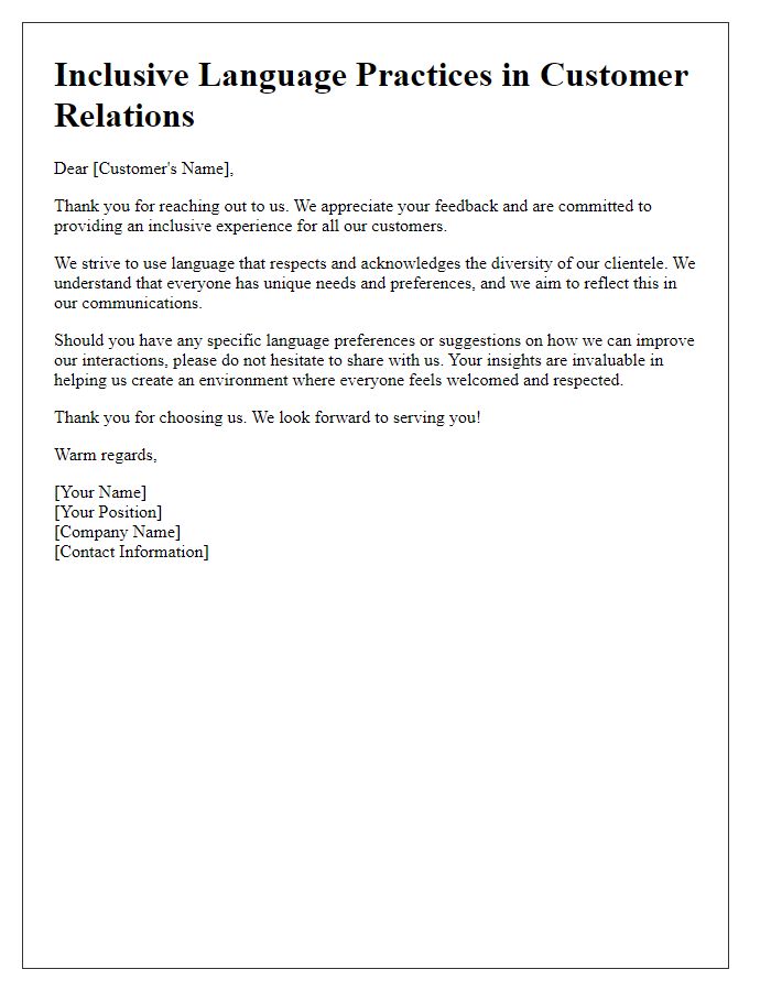 Letter template of inclusive language practices in customer relations