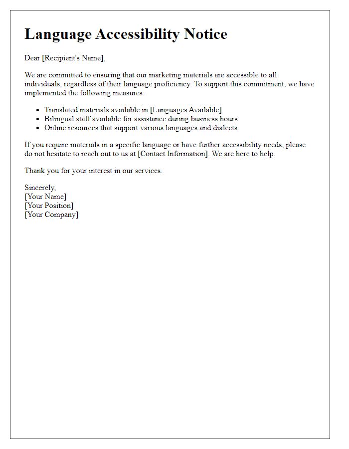 Letter template of language accessibility for marketing materials