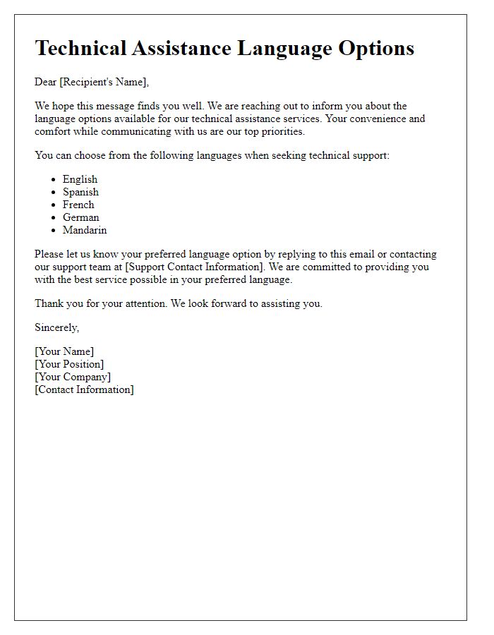 Letter template of language options for technical assistance