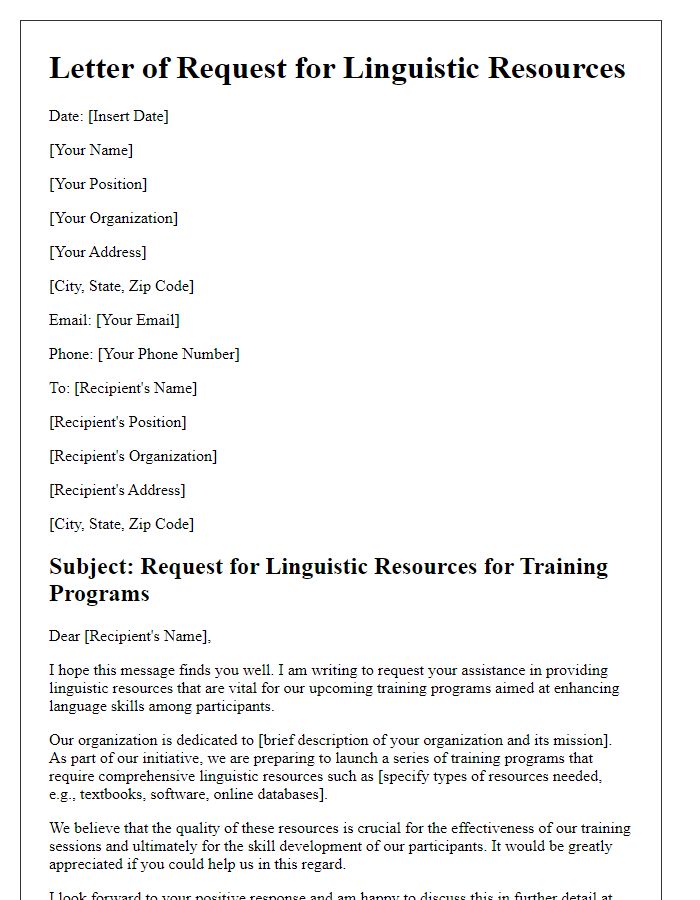 Letter template of linguistic resources for training programs