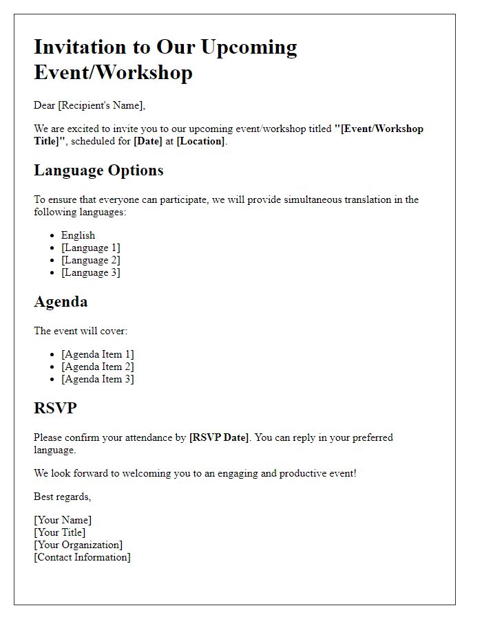 Letter template of multilingual communication for events and workshops