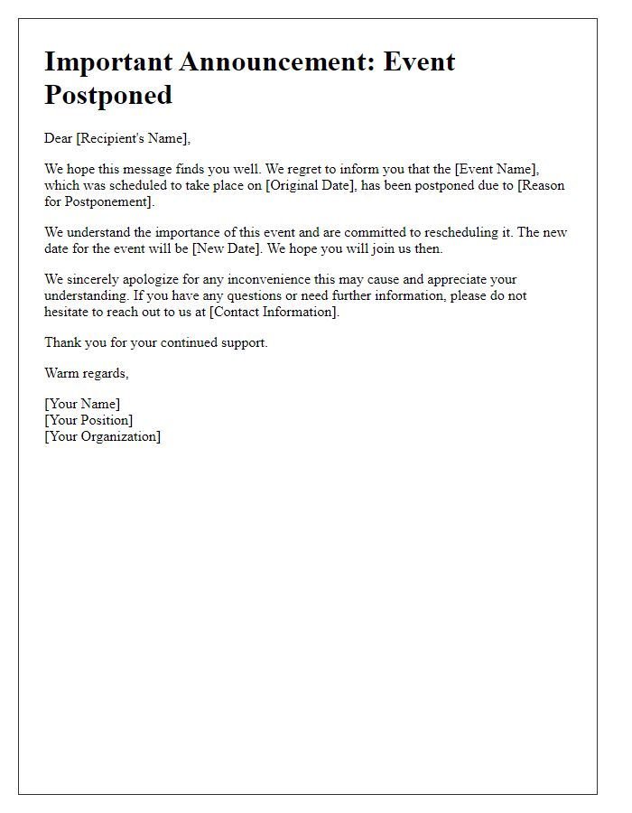 Letter template of postponed event announcement