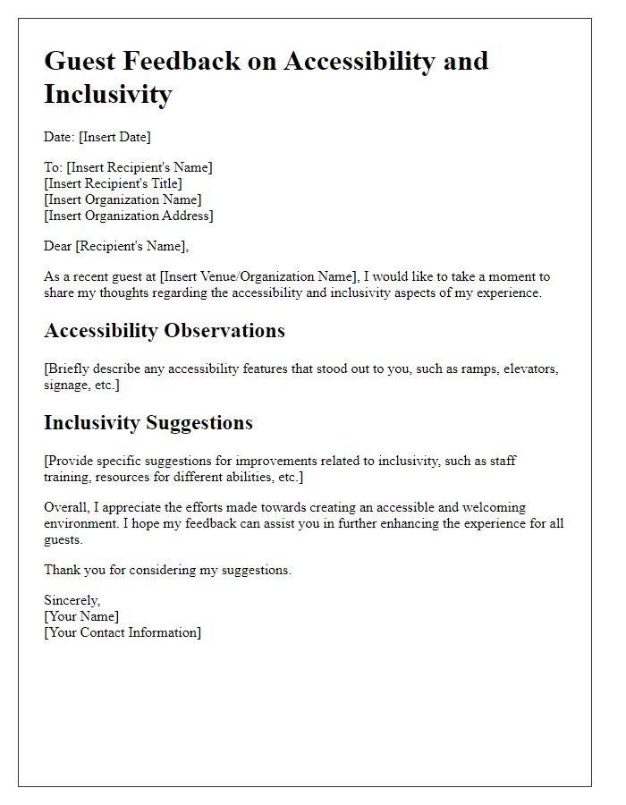 Letter template of guest feedback for accessibility and inclusivity suggestions.