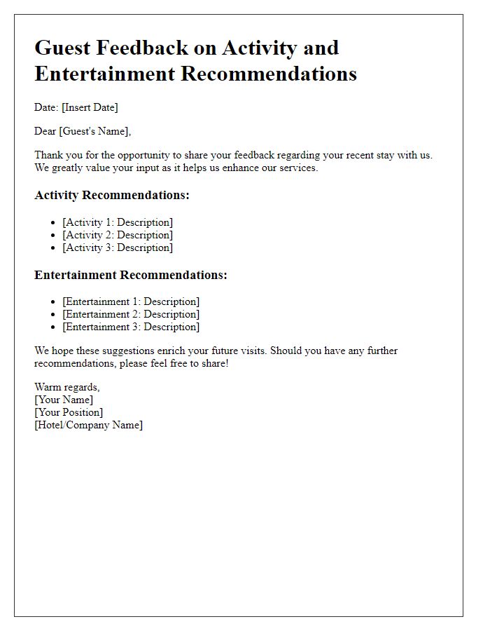 Letter template of guest feedback for activity and entertainment recommendations.