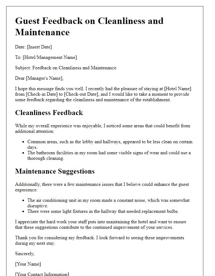 Letter template of guest feedback for cleanliness and maintenance suggestions.