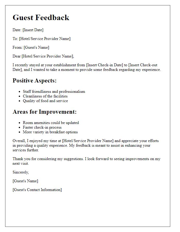 Letter template of guest feedback for enhancing service quality.