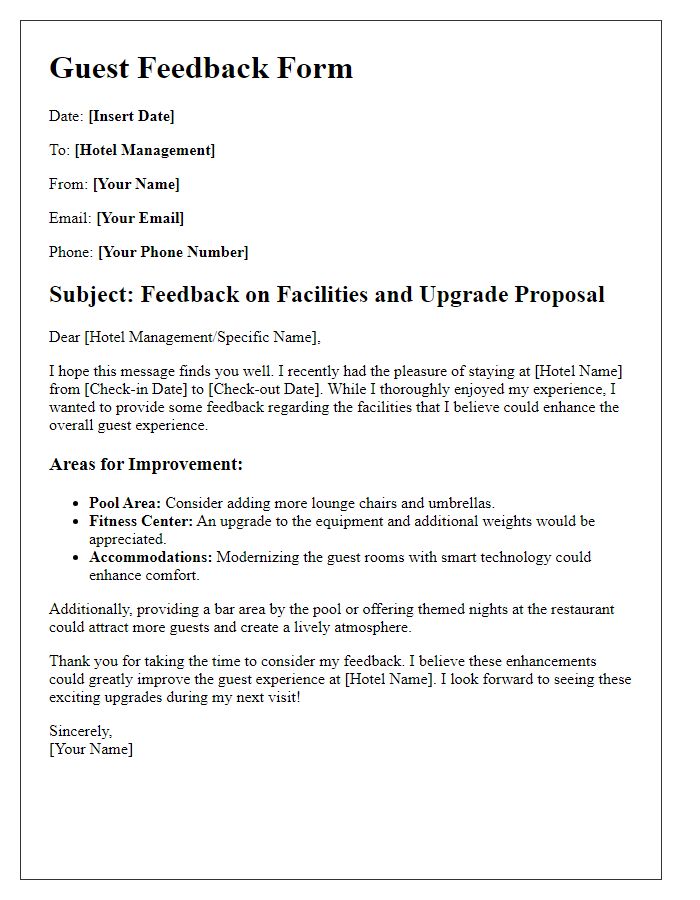 Letter template of guest feedback for facilities upgrade proposal.