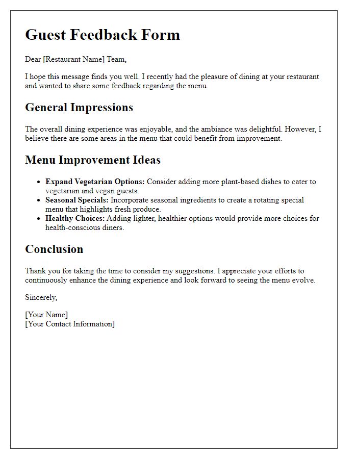 Letter template of guest feedback for menu improvement ideas.