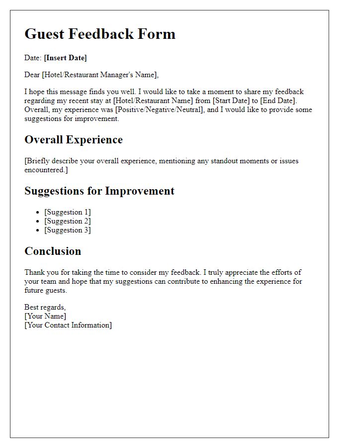 Letter template of guest feedback for overall experience suggestions.