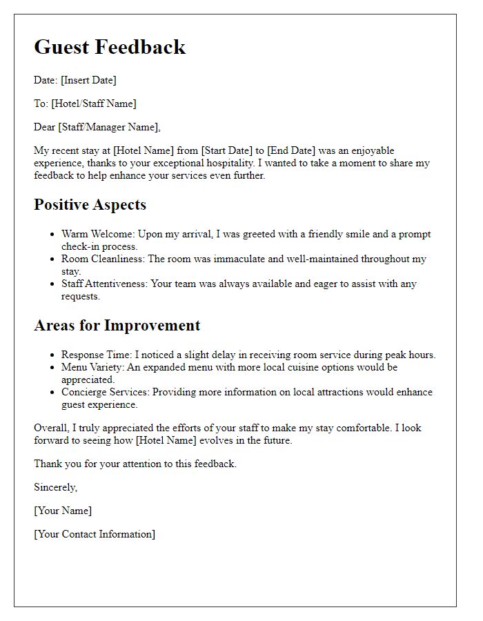 Letter template of guest feedback for staff hospitality enhancement.