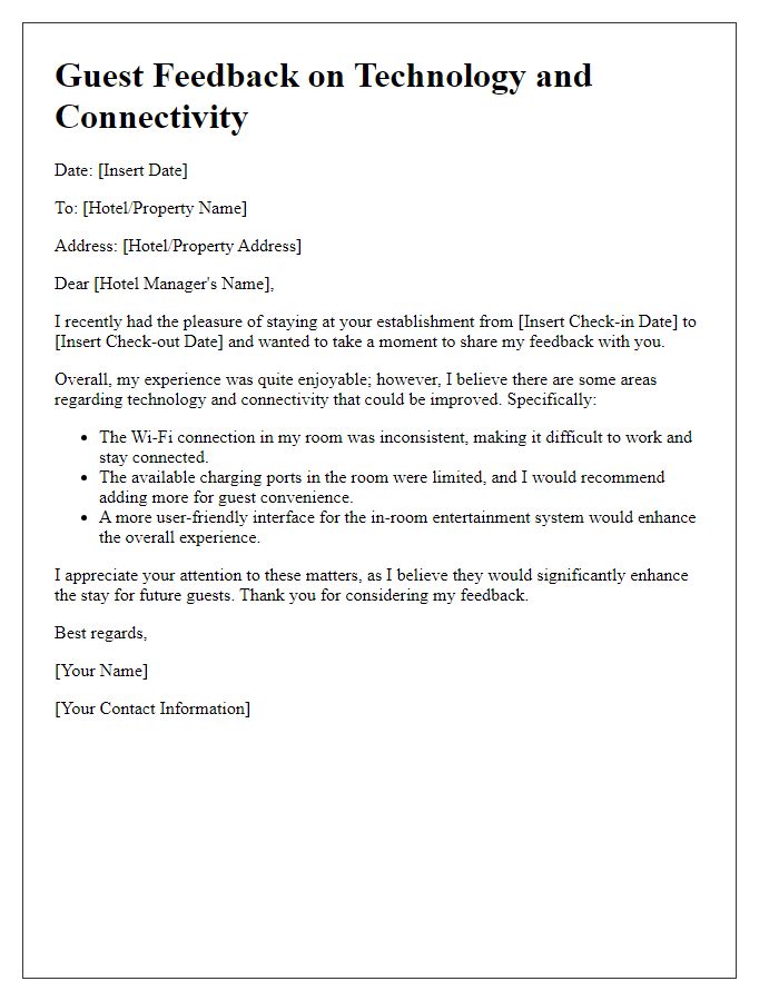 Letter template of guest feedback for technology and connectivity improvements.