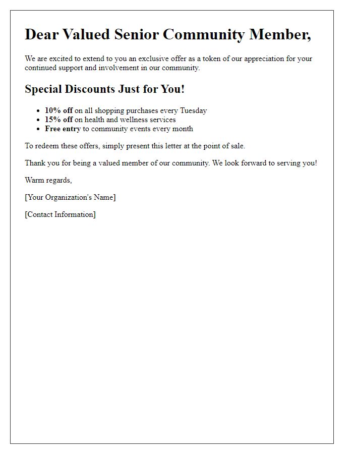 Letter template of exclusive discounts for senior community members