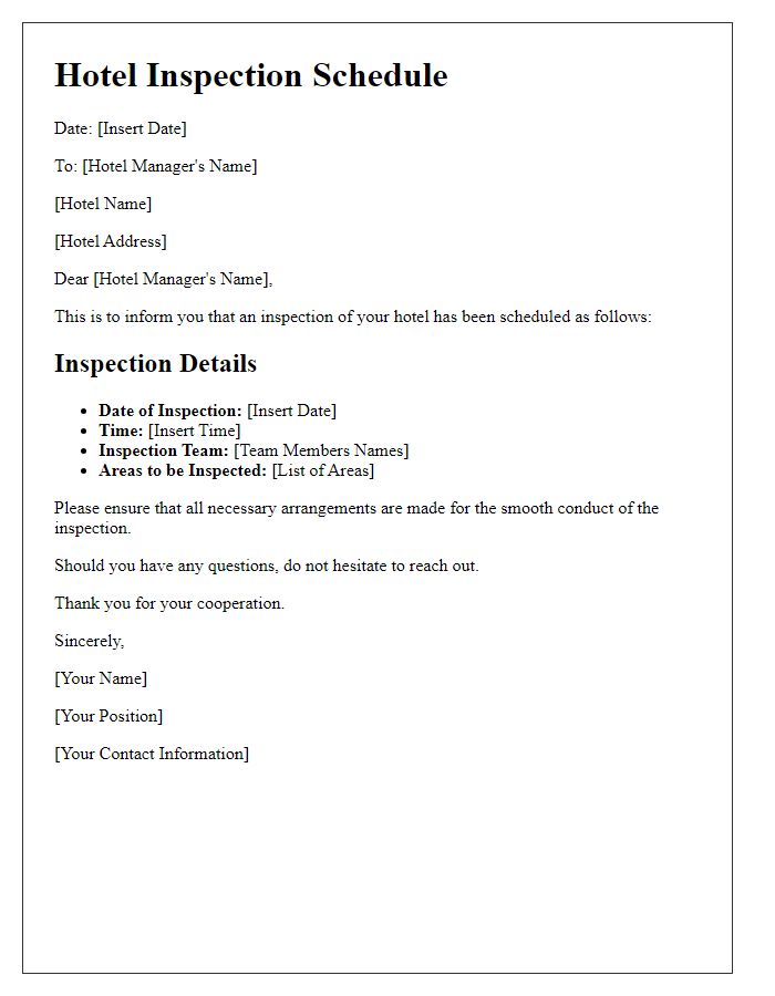 Letter template of hotel inspection schedule.