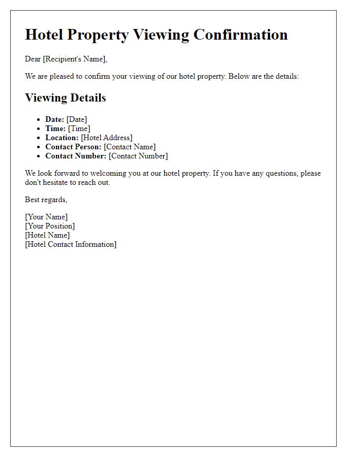 Letter template of hotel property viewing details.