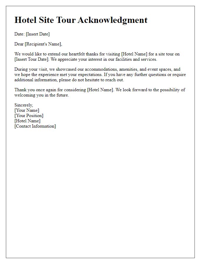 Letter template of hotel site tour acknowledgment.