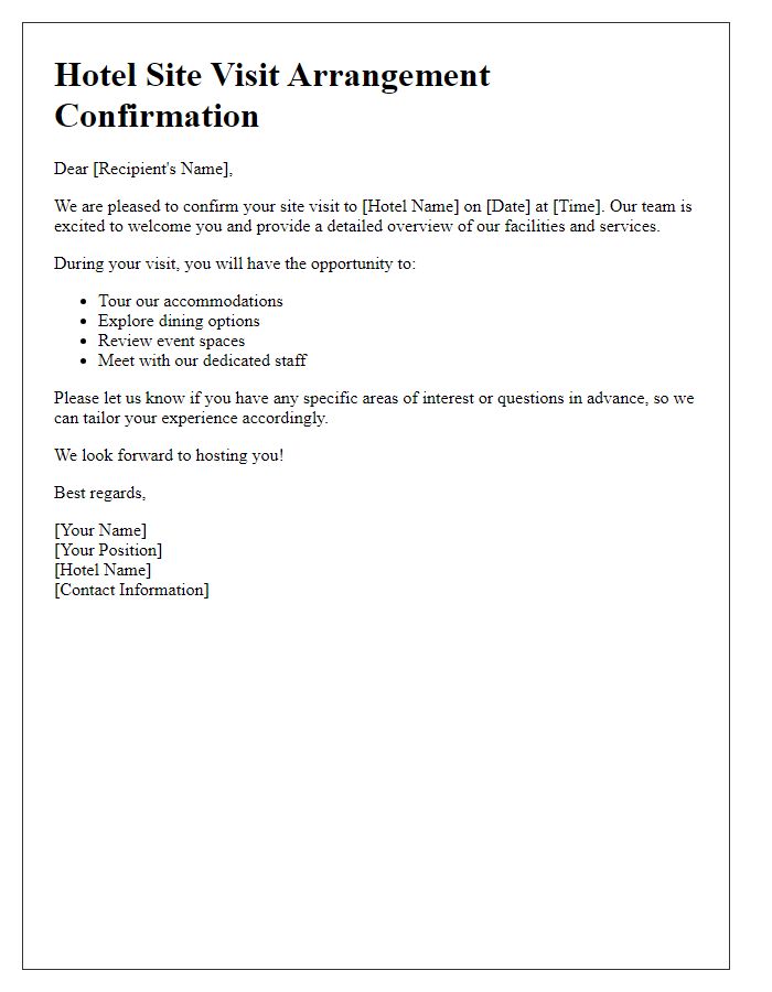 Letter template of hotel site visit arrangement.