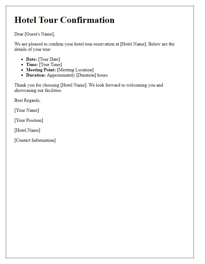 Letter template of hotel tour confirmation.