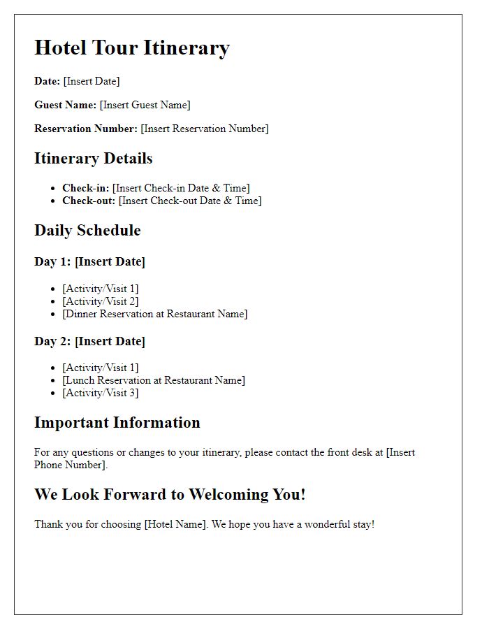 Letter template of hotel tour itinerary.