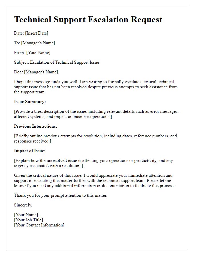 Letter template of critical technical support escalation