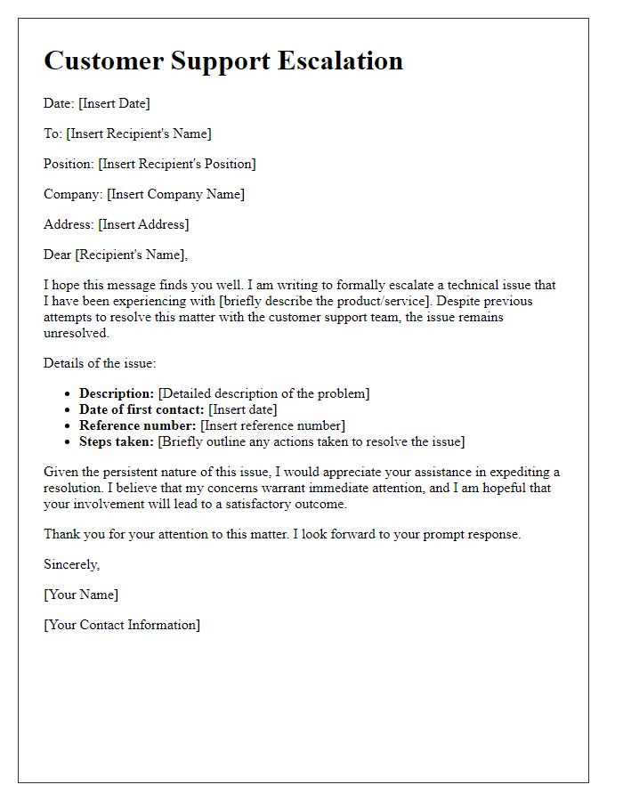 Letter template of customer support escalation for technical issues