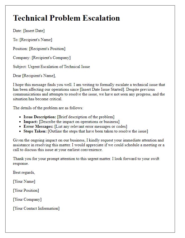 Letter template of technical problem escalation for prompt resolution