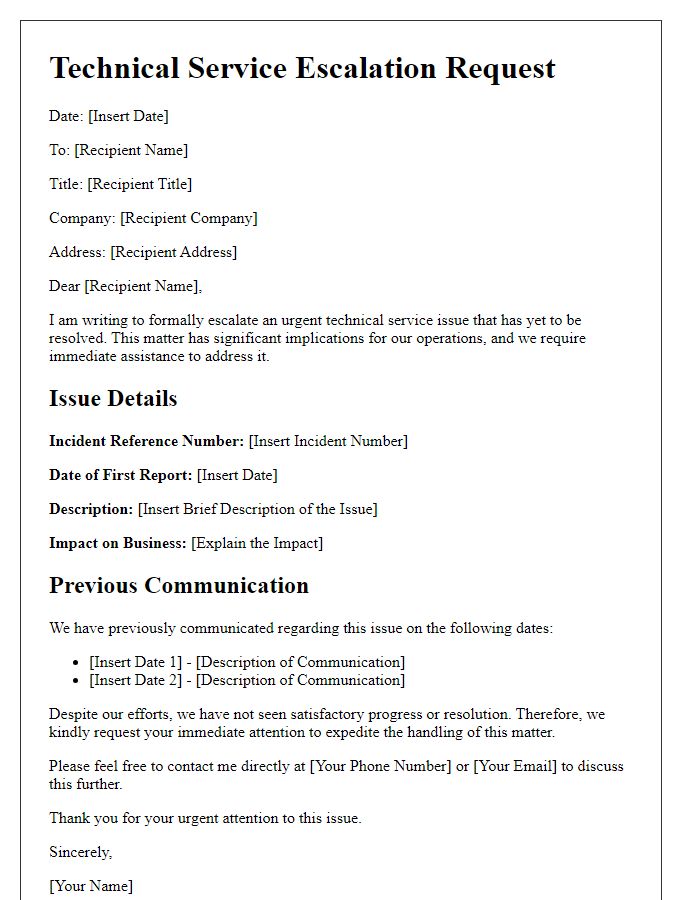 Letter template of technical service escalation for urgent attention