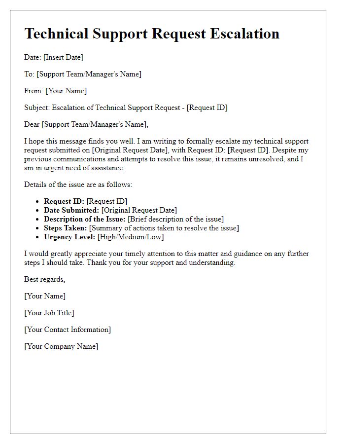 Letter template of technical support request escalation