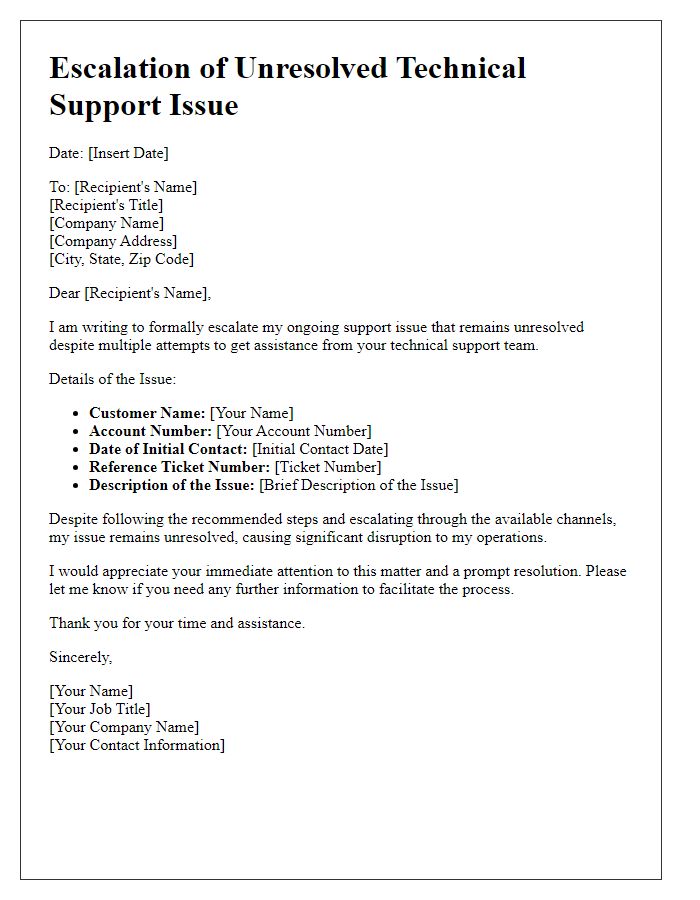 Letter template of unresolved technical support escalation