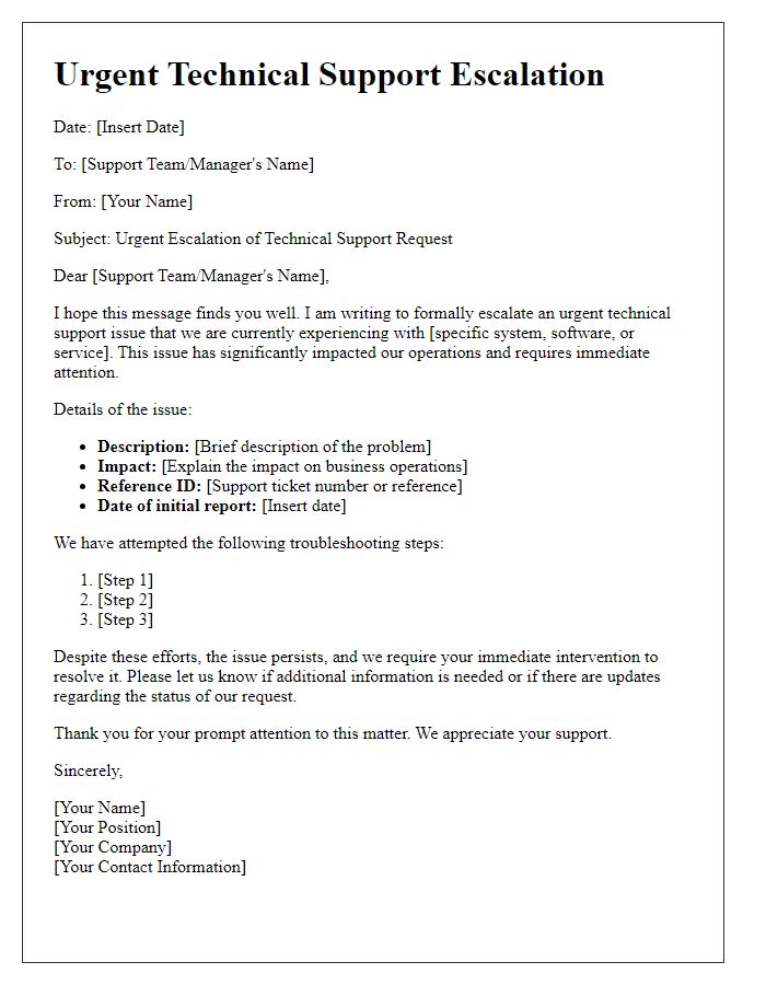 Letter template of urgent technical support escalation