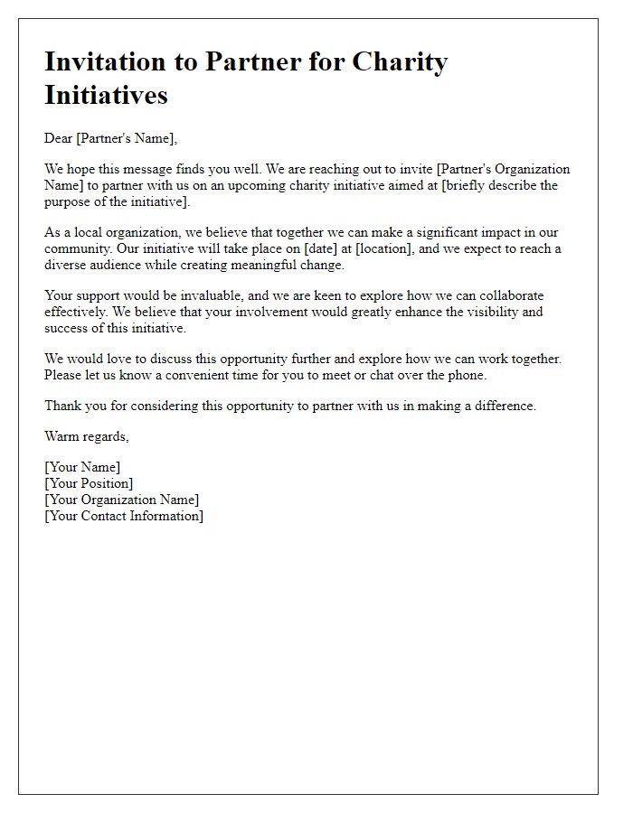 Letter template of local partnership invitation for charity initiatives