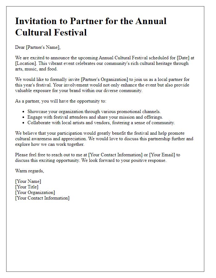 Letter template of local partnership invitation for cultural festivals