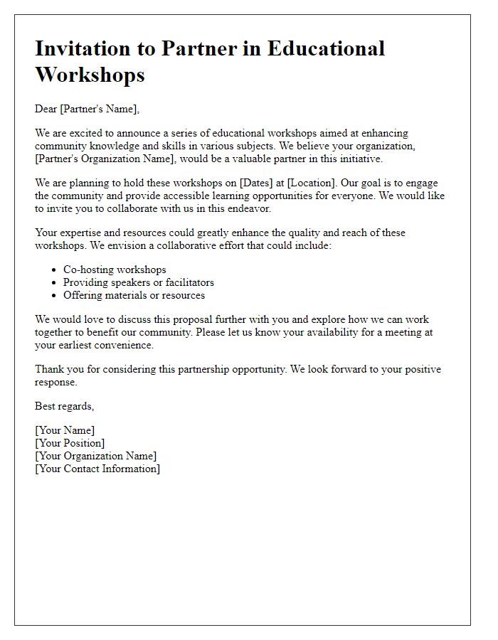 Letter template of local partnership invitation for educational workshops