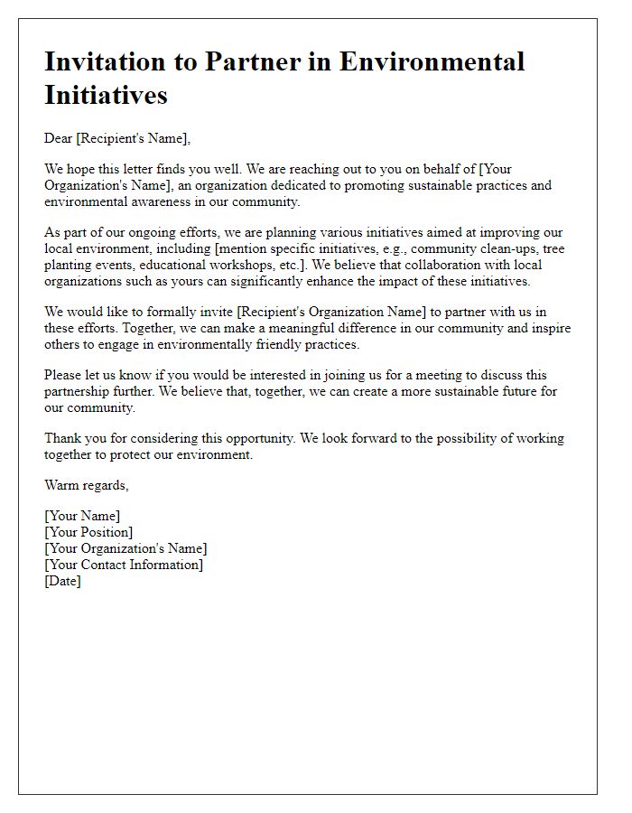 Letter template of local partnership invitation for environmental initiatives