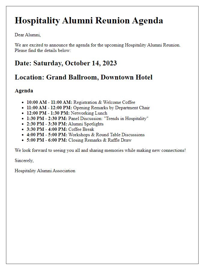 Letter template of hospitality alumni reunion agenda