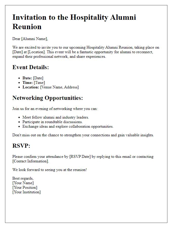 Letter template of hospitality alumni reunion networking opportunities