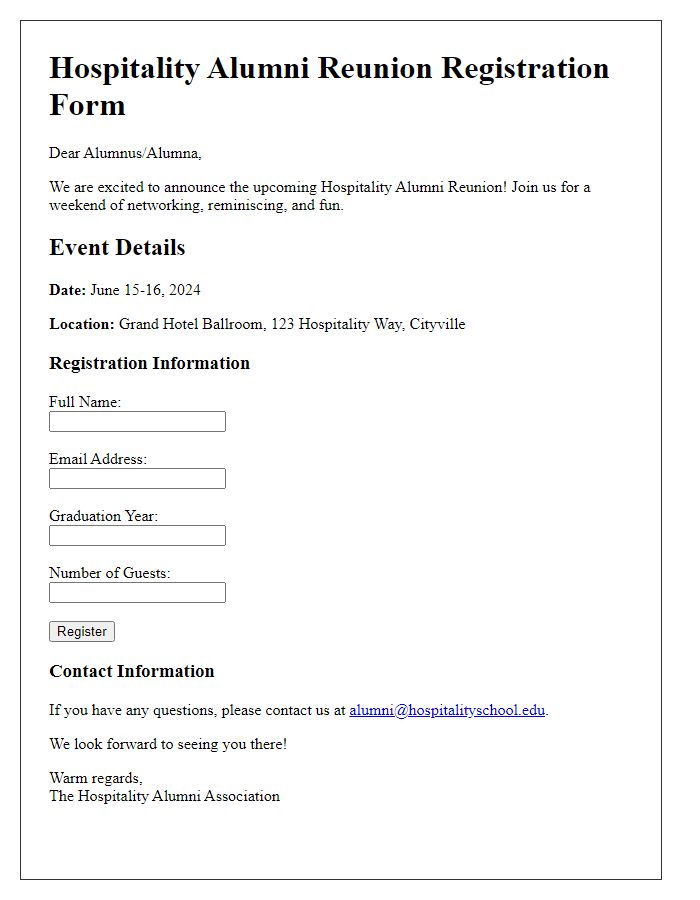 Letter template of hospitality alumni reunion registration form