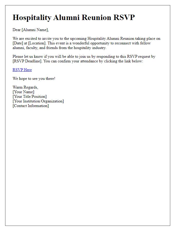 Letter template of hospitality alumni reunion RSVP request