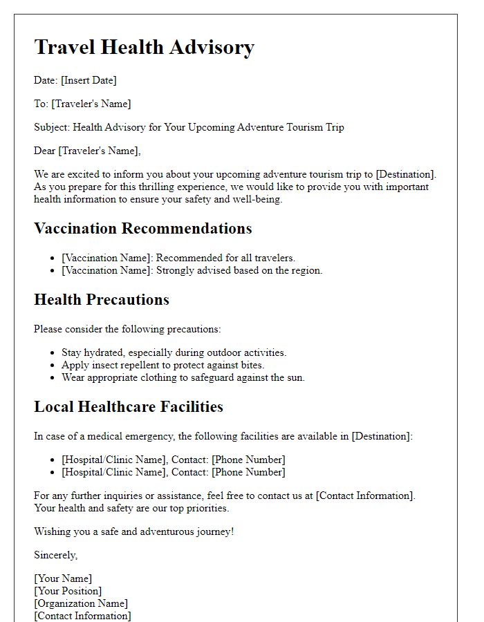 Letter template of travel health advisory for adventure tourism