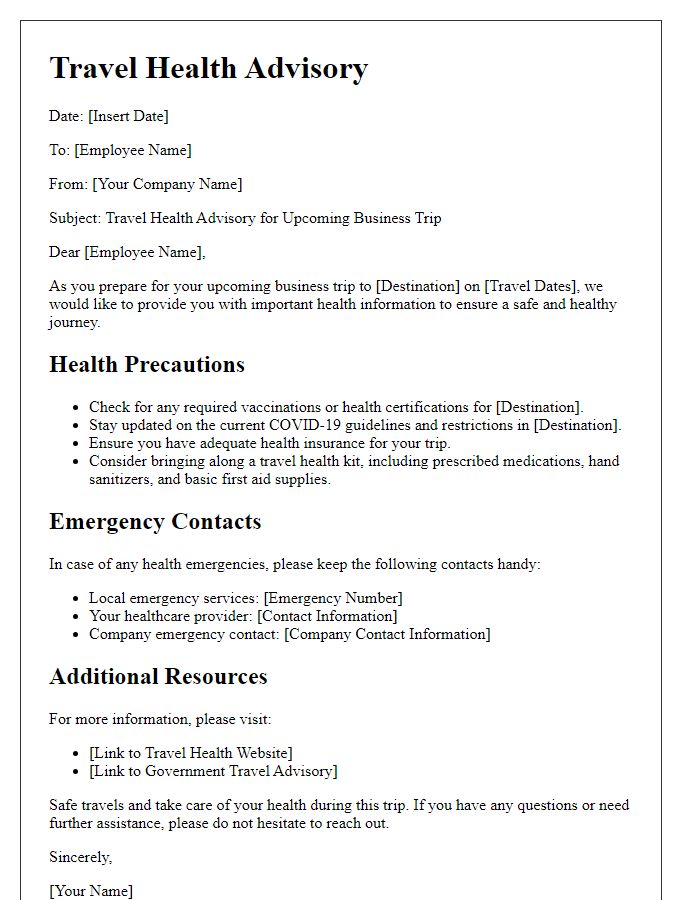 Letter template of travel health advisory for business trips