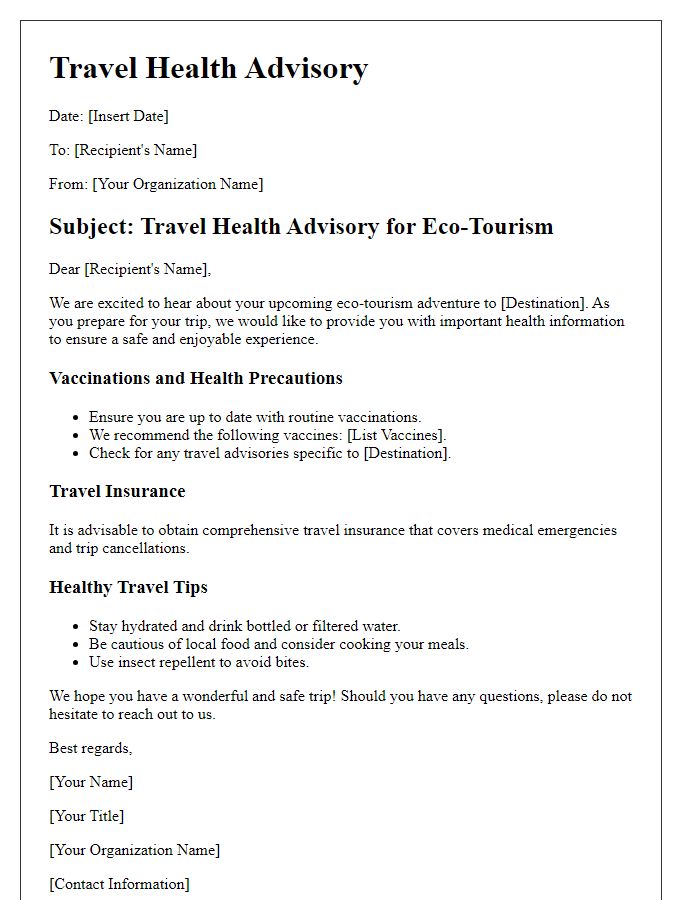 Letter template of travel health advisory for eco-tourism