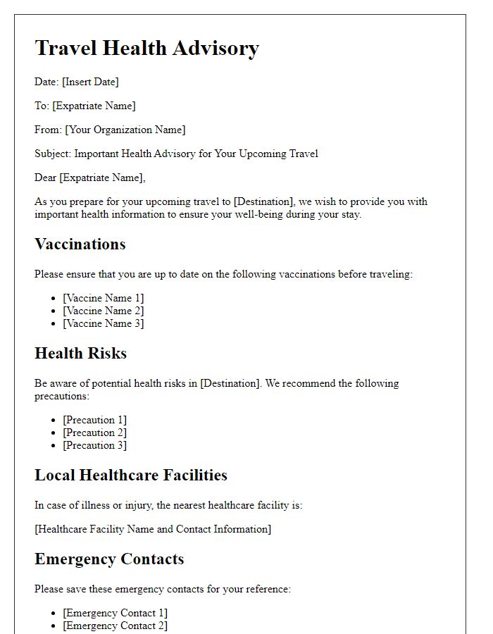 Letter template of travel health advisory for expatriates