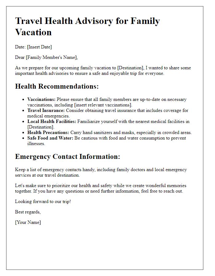 Letter template of travel health advisory for family vacations