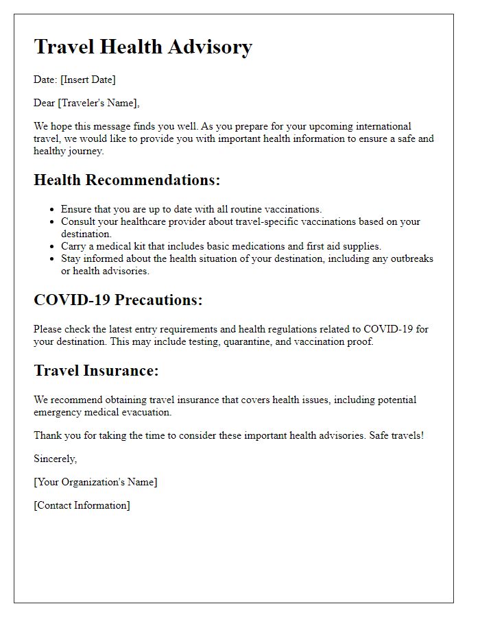 Letter template of travel health advisory for international travelers