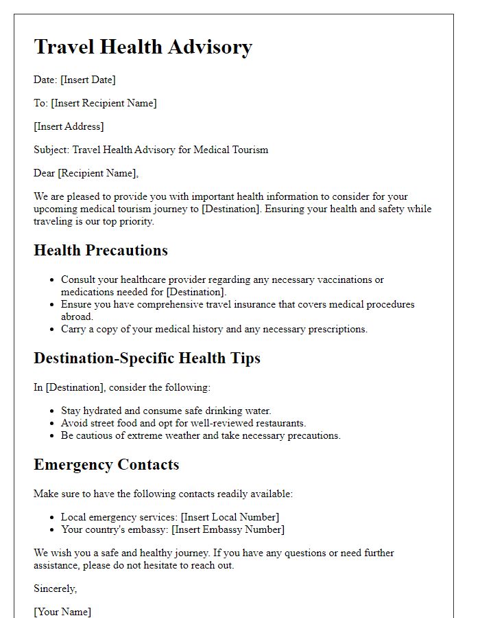 Letter template of travel health advisory for medical tourism