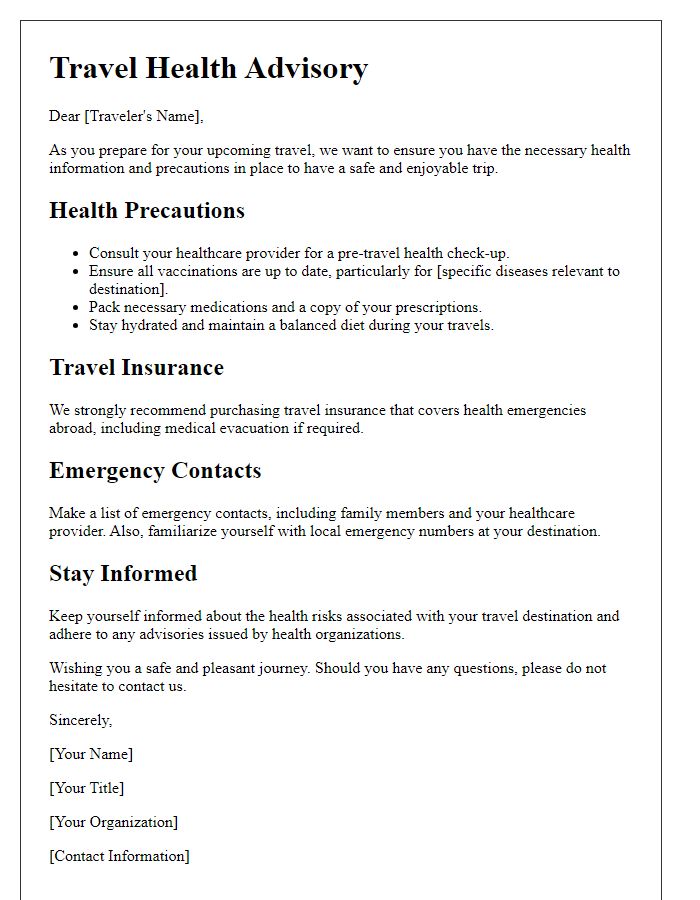 Letter template of travel health advisory for senior travelers