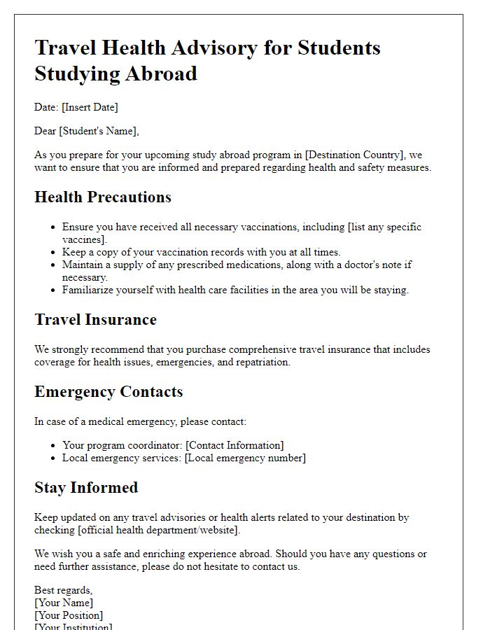 Letter template of travel health advisory for students studying abroad