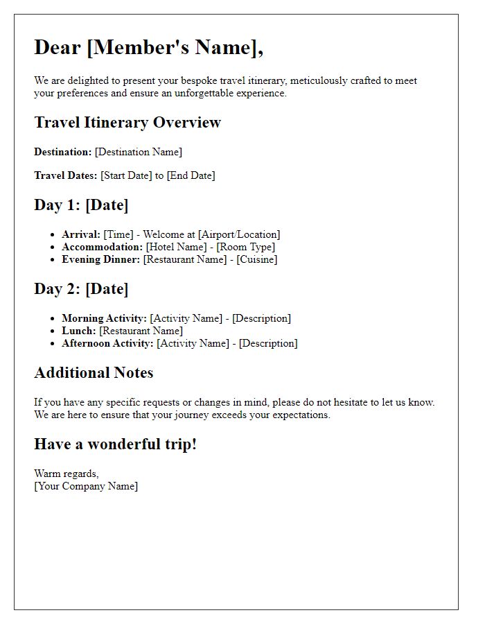 Letter template of bespoke travel itinerary for privileged members