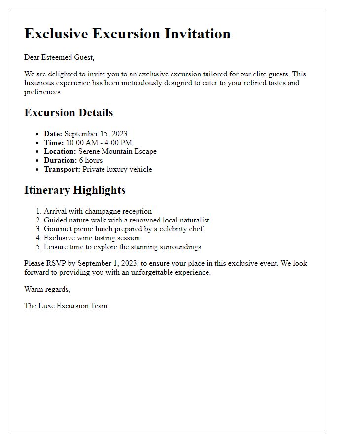 Letter template of high-end excursion details for elite guests